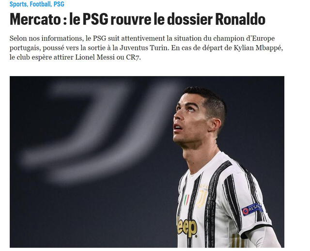 Cristiano Ronaldo podría anclar en el PSG. Foto: Le Parisien