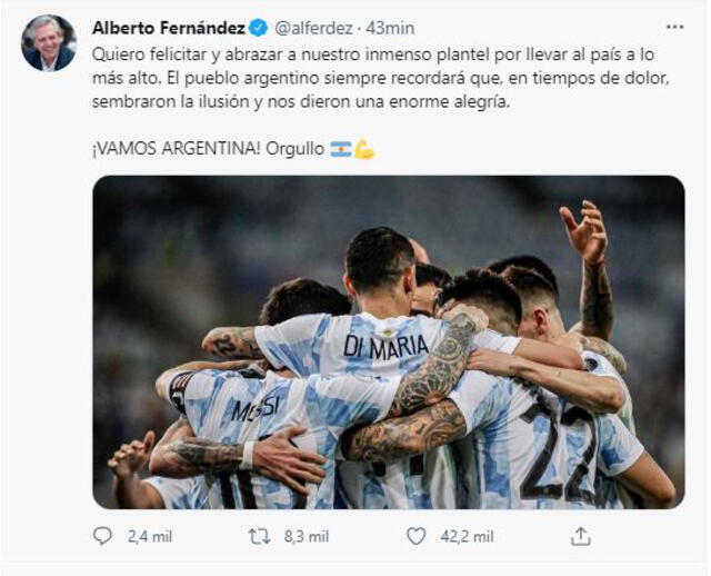Alberto Fernández felicita a la selección argentina por ganar la Copa América 2021 en Brasil. Foto: captura Twitter