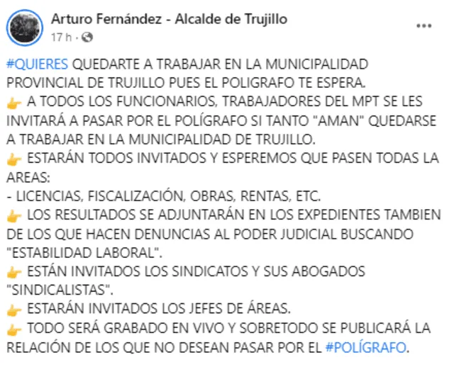 Alcalde de Trujillo invita a funcionarios a pasar prueba del polígrafo