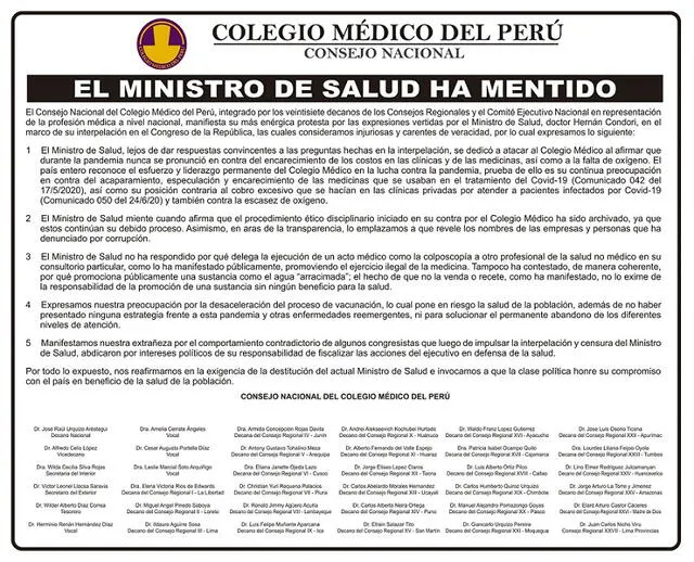Colegio Médico reitera que Condori debe ser destituido: "El ministro de Salud ha mentido"