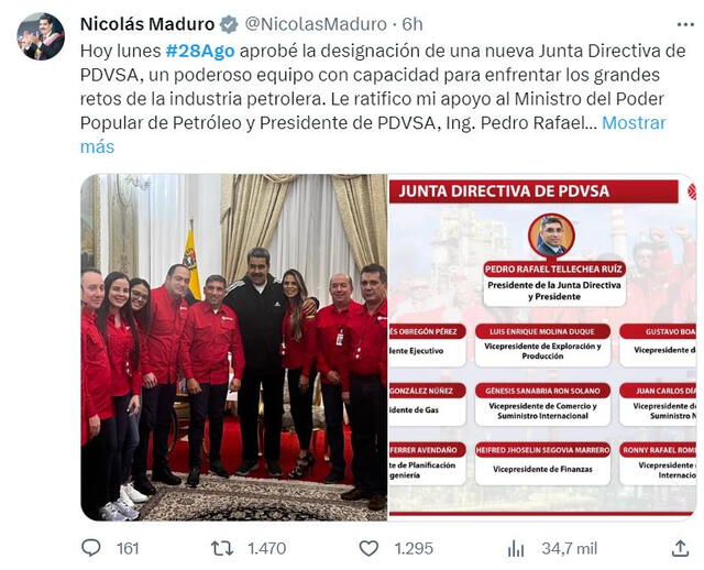  Maduro informa en X que ha designado una nueva junta directiva para Petróleos de Venezuela. Foto: captura X/@NicolasMaduro<br>    