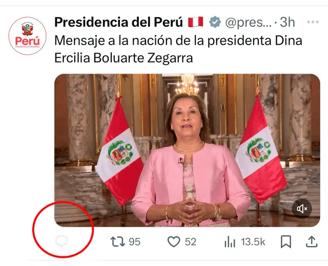 Cuenta oficial de la Presidencia del Perú bloquea comentarios. Foto: captura de pantalla   