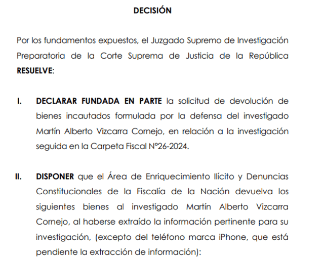  El PJ ordena la devolución de 67 bienes incautados a Martín Vizcarra por caso 'Los intocables de la corrupción'.<br>   