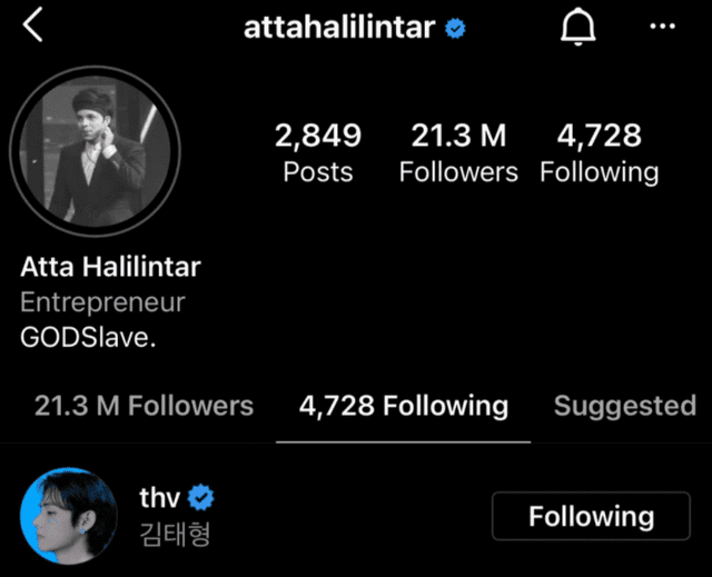 YouTuber Atta Halilintar siguió en Instagram a Taehyung de BTS. Foto: Twitter @Taehyungimpact