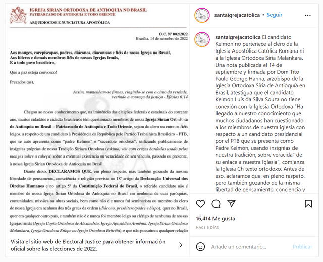 Nota difundida por la Iglesia Ortodoxa Siria de Antioquia en Brasil, firmada por Dom Tito Paulo Georges Hanna. Foto: captura/ santaigrejacatolica