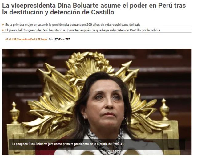 Hasta ayer, Dina Boluarte era vicepresidenta del Perú. Foto: RTVE