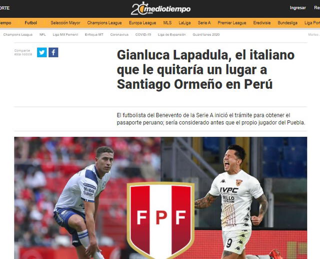 El portal Medio Tiempo tituló: “Gianluca Lapadula, el italiano que le quitaría un lugar a Santiago Ormeño en Perú”.