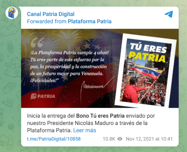 El Bono Tú Eres Patria se entregó por última vez en 2021. Foto: Canal Patria Digital/ Telegram