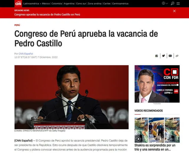 Así informan medios internacionales vacancia y detención de Castillo. Foto: captura web