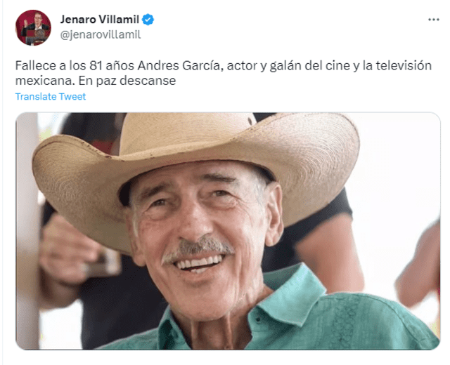 Jerano Villamil lamenta la muerte de Andrés García. Foto: captura de Twitter   