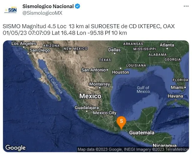 Sismo en México hoy, 1 de mayo. Foto: SSN   
