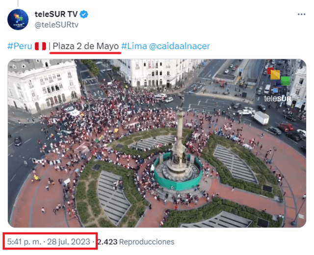  El registro atribuido a la 'Marcha por la democracia' en realidad fue compartido por TeleSUR el 28 de julio de 2023. Foto: captura de Twitter / teleSUR TV   