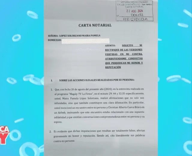  Carta notarial de Melissa Klug a Pamela López exigiendo que se rectifique tras revelar supuesto romance con Christian Cueva. Foto: América Hoy.   