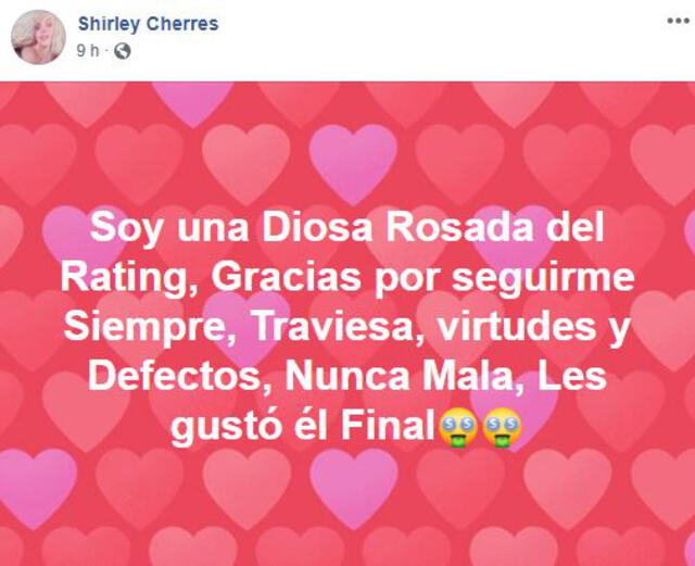 Mensaje de Shirley Cherres en Facebook