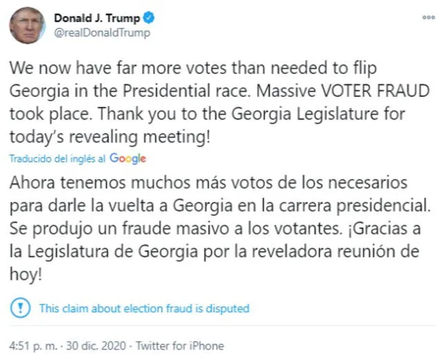 En las últimas semanas Trump ha tuiteado varios mensajes sobre el supuesto fraude electoral. Constantemente Twitter ha etiquetado sus tuits. Foto: captura