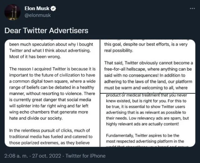 Mensaje de Elon Musk en Twitter.
