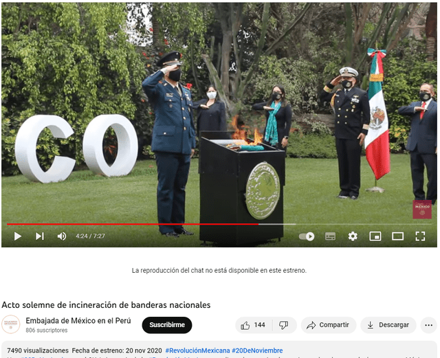  Video de quema de bandera de México en Perú es de 2020. Foto: captura en Youtube - Embajada de México en Perú.&nbsp;<br><br>    