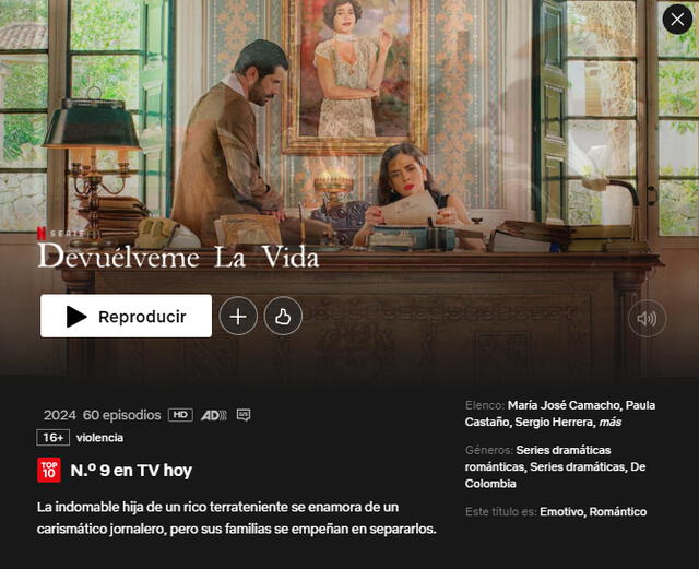  La serie colombiana 'Devuélveme la vida' es una de las más vistas en Perú. Foto: captura Netflix   