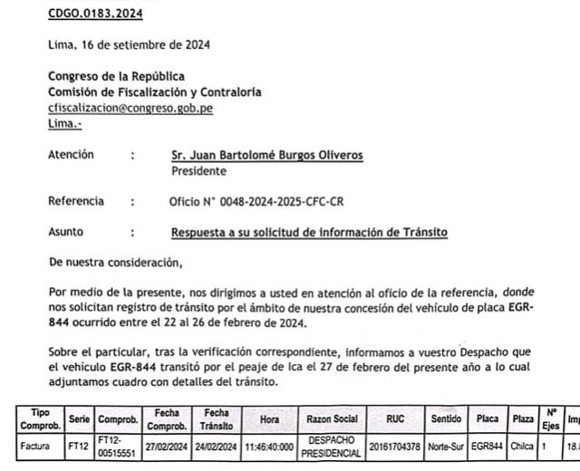  Informe de la empresa CoviPerú a la Comisión de Fiscalización sobre el vehículo presidencial en el sur chico. | Foto: Carlos Viguria / X. 