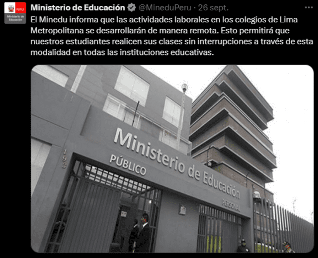 Comunicado del Ministerio de Educación el jueves 26 de septiembre. Foto: red social X, antes Twitter.   