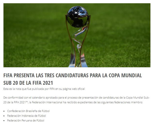 Mundial Sub 20: Perú candidato a ser sede