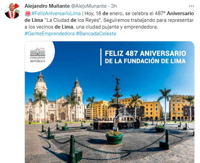 El congresista Alejandro Muñante difundió un mensaje a través de su cuenta de Twitter.