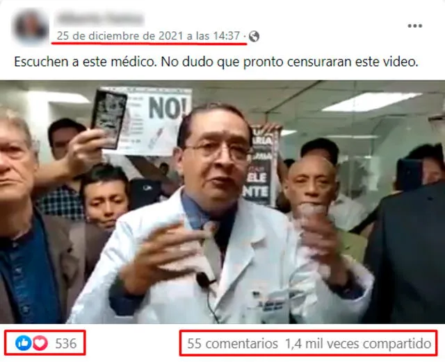 Posteo viral en el que un médico ecuatoriano desinforma sobre la vacuna contra el coronavirus. FOTO: Captura de Facebook.