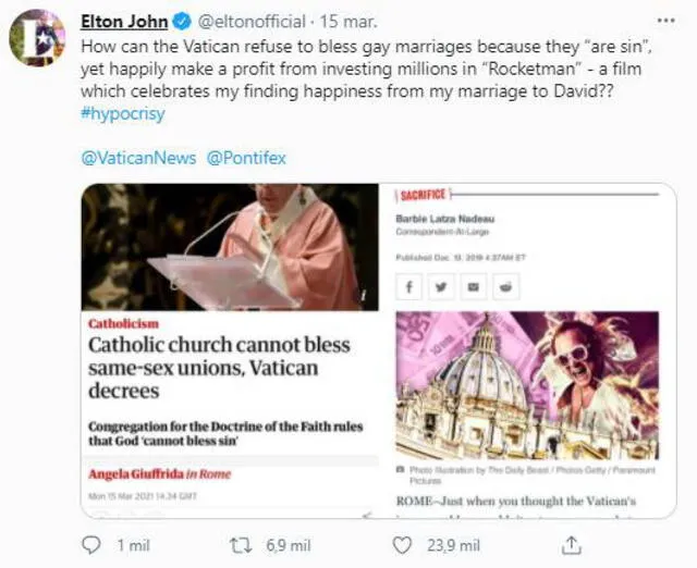 Elton John al Vaticano ¿Cómo puede negarse a bendecir los matrimonios gays