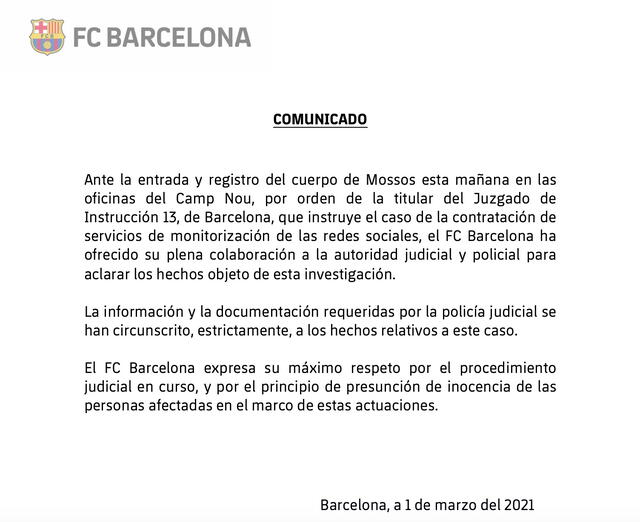 Comunicado oficial del FC Barcelona tras detención de Bartomeu. Foto: FC Barcelona
