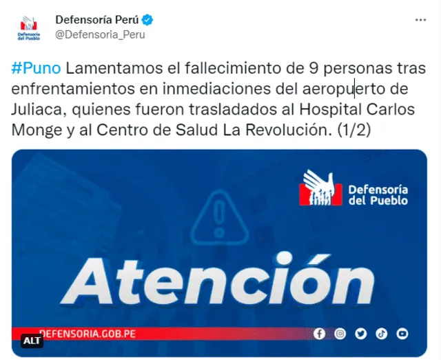 Defensoría del Pueblo se pronuncia sobre fallecidos en enfrentamientos en Juliaca. Foto: Twitter/Defensoría del Pueblo