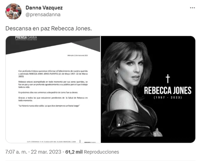 Confirman el deceso de Rebecca Jones. Foto: captura de Twitter/Danna Vázquez   