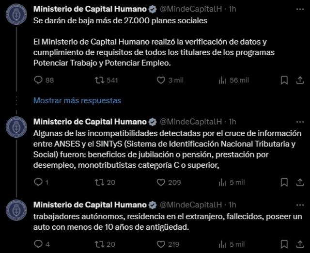  La suspensión de estos planes ahorraría al Estado alrededor de 2.000 millones de pesos. Foto: @MindeCapitalH/Twitter    