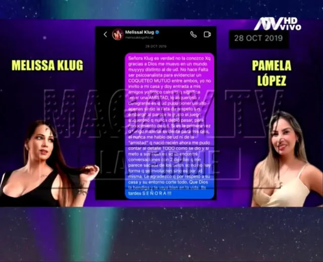 Respuesta de Pamela López a Melissa Klug. Foto: ATV.   