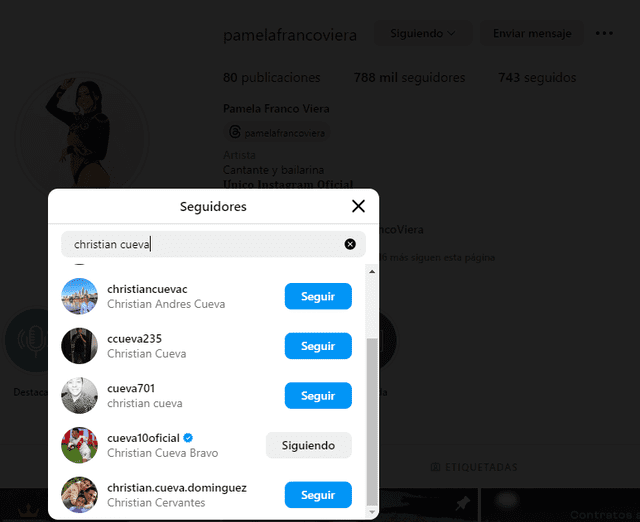 Christian Cueva sigue a Pamela Franco en redes sociales. Foto: captura de Instagram   