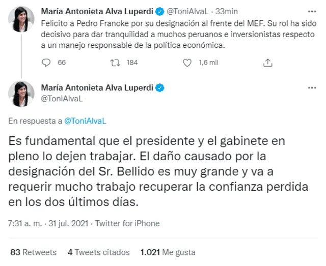 Tuit de María Antonieta Alva. Foto: Captura de Twitter