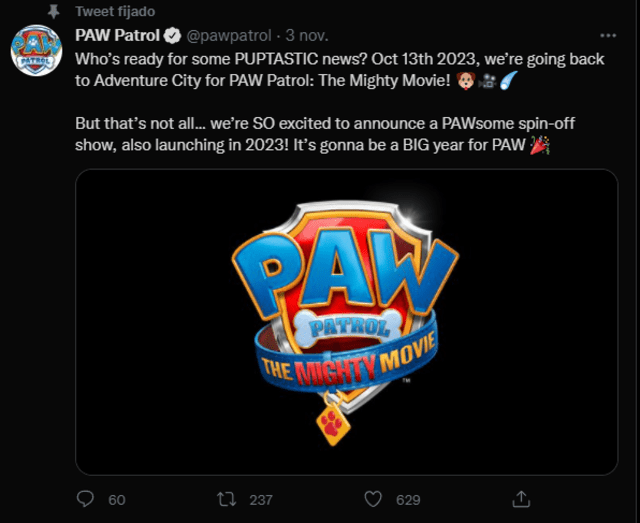 Paw patrol anuncia el estreno de la secuela para el 13 de octubre de 2023. Foto: Twitter
