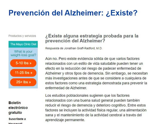 Artículo sobre prevención del Alzheimer de Mayo Clinic. Foto: captura e web Mayo Clinic.