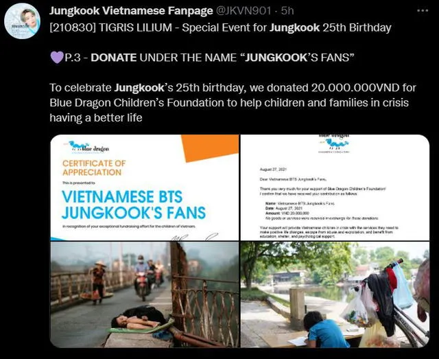 Donación de ARMY Vietnam por el cumpleaños de Jungkook de BTS. Foto: Twitter