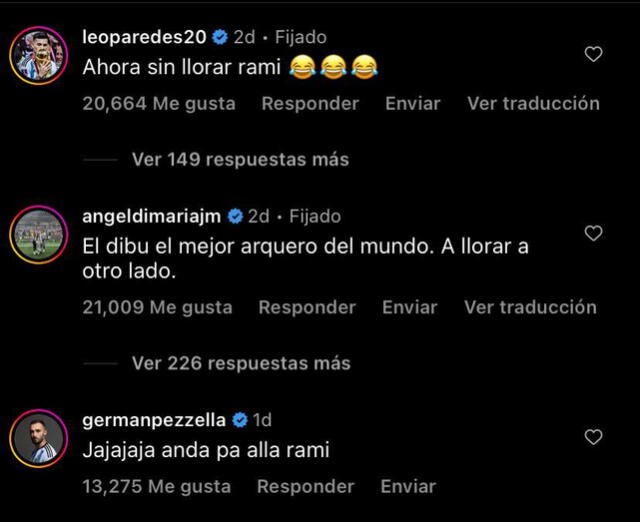 Los seleccionados argentinos comentaron en un publicación de Olé. Foto: captura Olé/Instagram