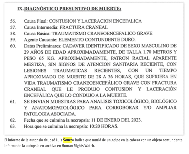 Diagnóstico de muerte del suboficial José Soncco. Foto: captura de Human Rights Watch/difusión   