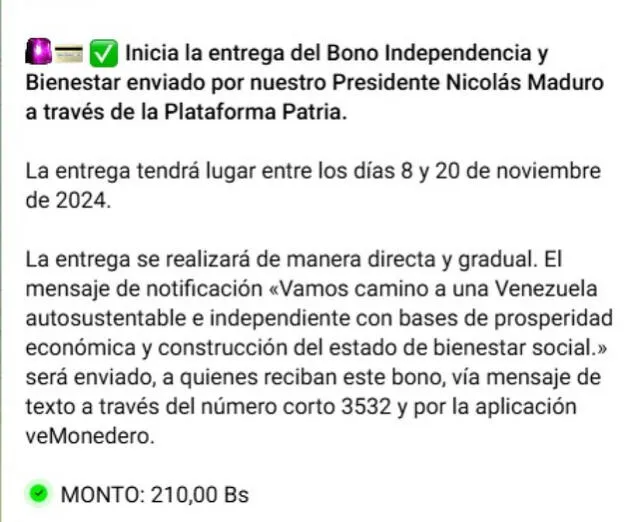 El Primer Bono Especial de este mes tiene como fecha límite de entrega el miércoles 20 de noviembre. Foto: Canal Patria Digital/ Telegram