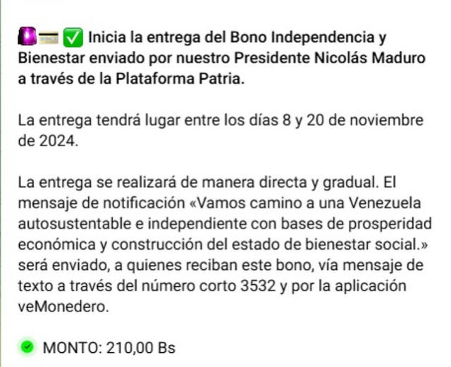 El Bono Independencia y Bienestar es el Primer Bono Especial de noviembre. Foto: Canal Patria Digital/ Telegram