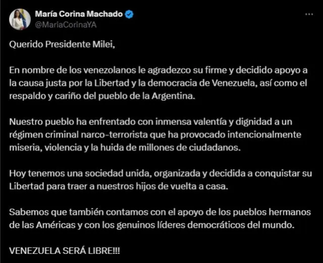 Mensaje de la lideresa de oposición. Foto: X/@MariaCorinaYA    