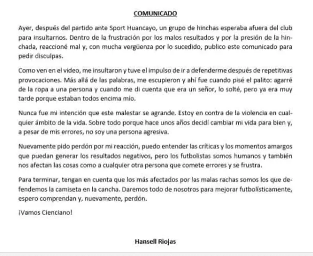 Comunicado de Hansell Riojas tras su incidente. Foto: Hansell Riojas/Twitter