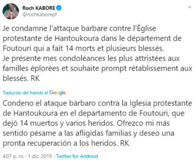 El presidente Kaboré se refirió al caso en un tuit. Foto: captura de pantalla