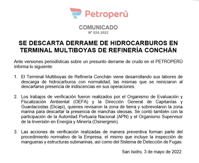 Comunicado de Petroperú.