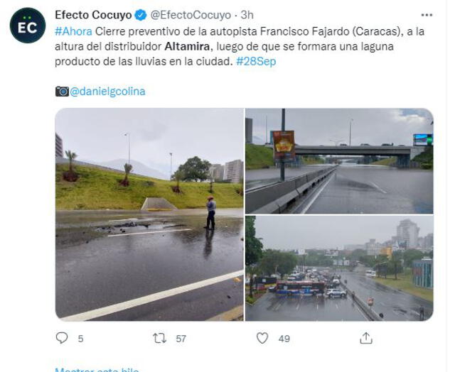 Cierra autopista Francisco Fajardo hoy, miércoles 28 de septiembre de 2022, por fuertes lluvias en Caracas. Foto: captura/Efecto Cocuyo