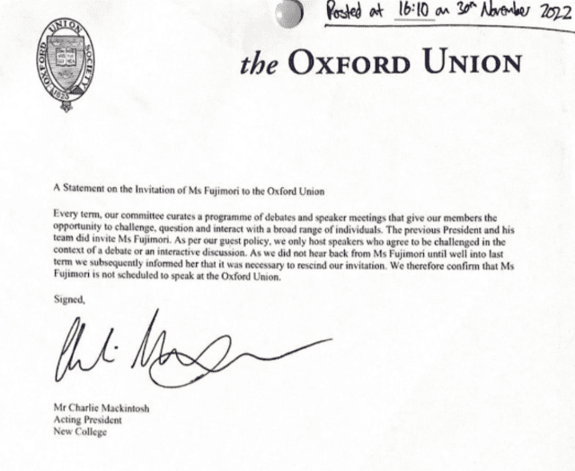 Respuesta de The Oxford Union sobre la invitación de Keiko Fujimori. Foto: Difusión