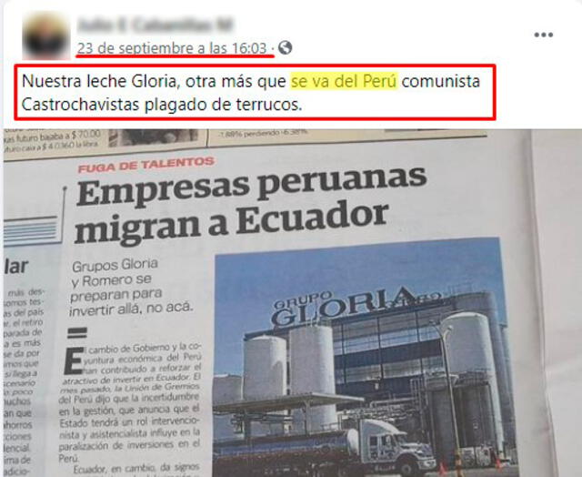 Publicación en la que aseguran que la leche Gloria se va del Perú. FOTO: Captura de Facebook.