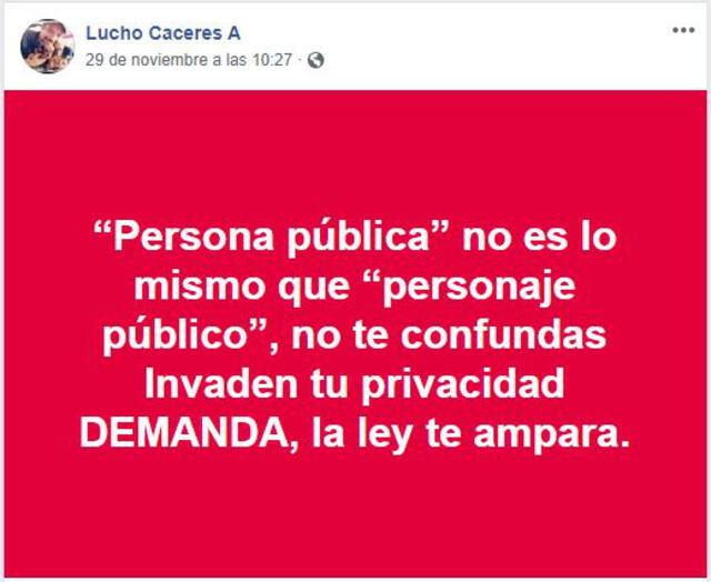 Publicación de Lucho Cáceres en Facebook